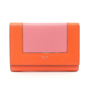 Celine Frame Tri fold Wallet Leather Orange Pink